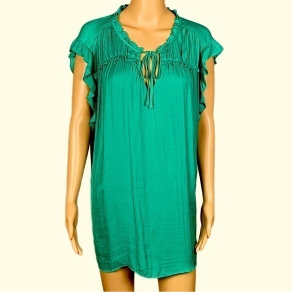JOIE Kelly green, satiny, flutter sleeve & ruffled collar blouse. Size 3X. NWT